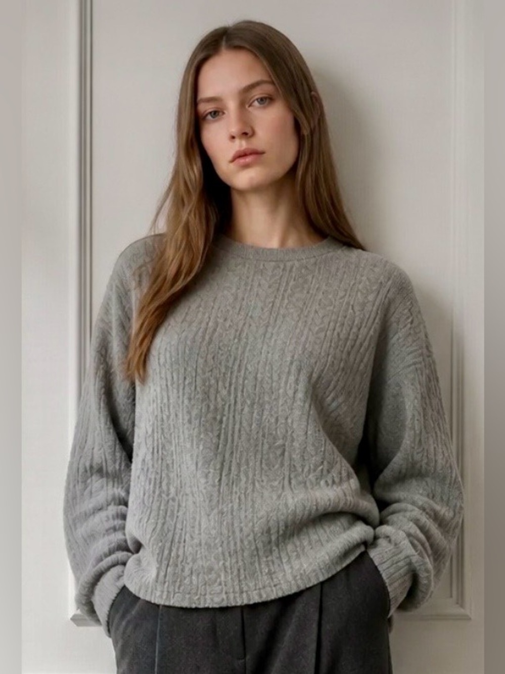 NWT Philosophy Heather Gray Pullover Crew Neck Cable Knit Sweater in XL